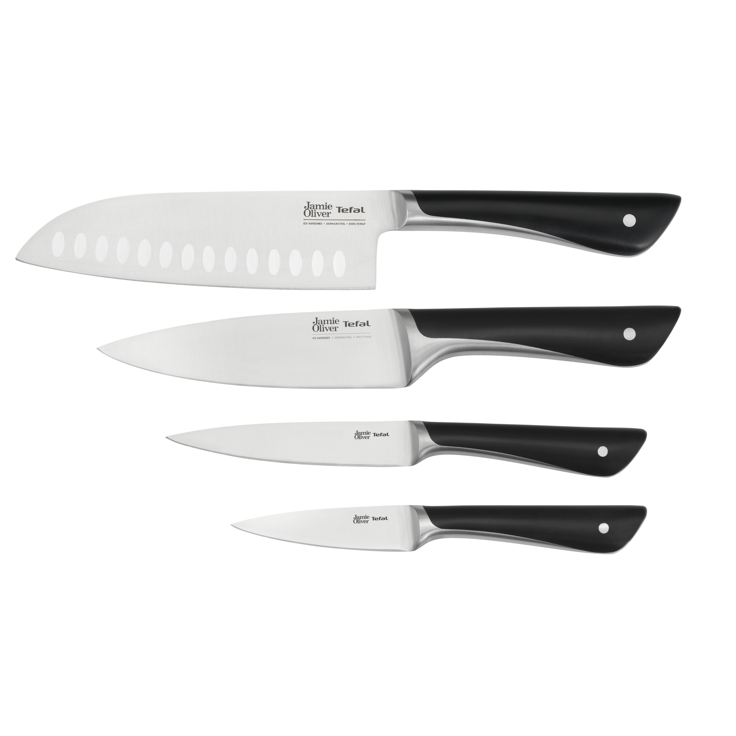 Jamie Oliver K267S456 keukenmessen set: Santokumes 16,5 cm, koksmes 15 cm, universeel mes 12 cm, schilmes 9 cm