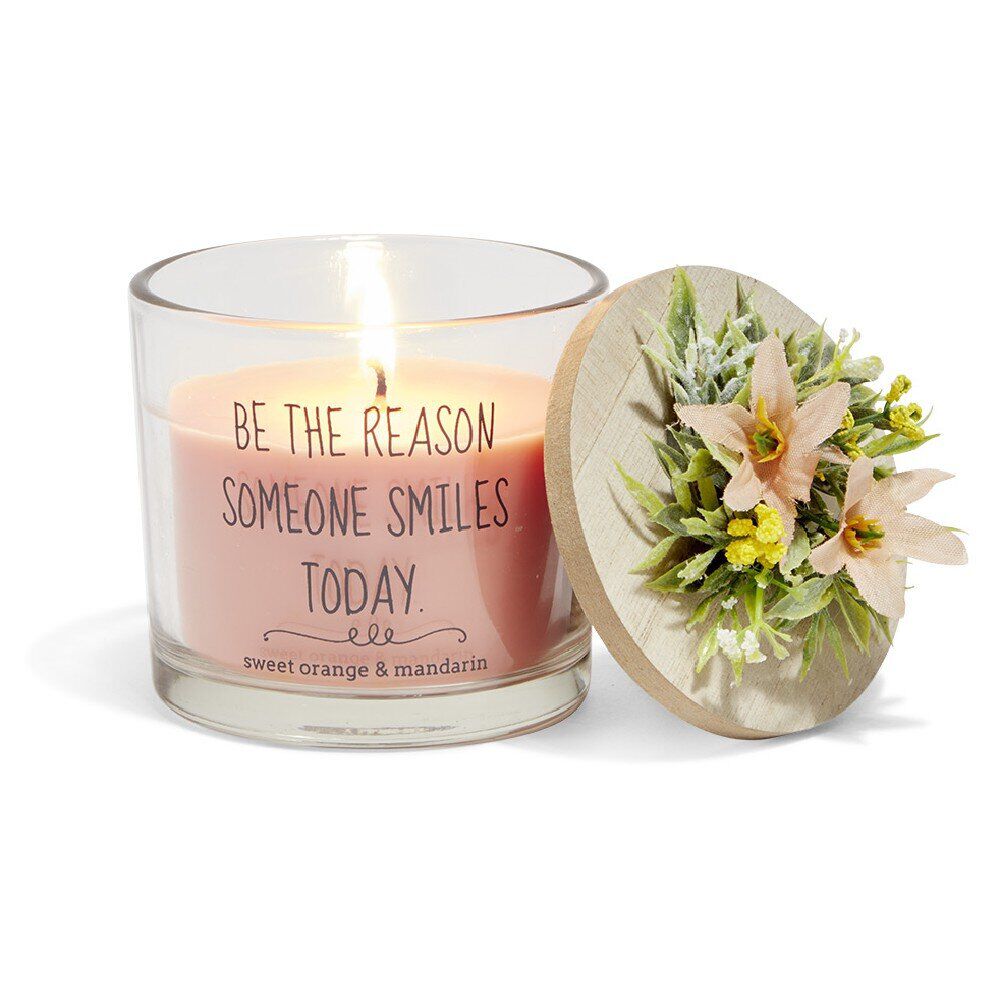 Bougie parfumée dans verre couvercle bois fleur message