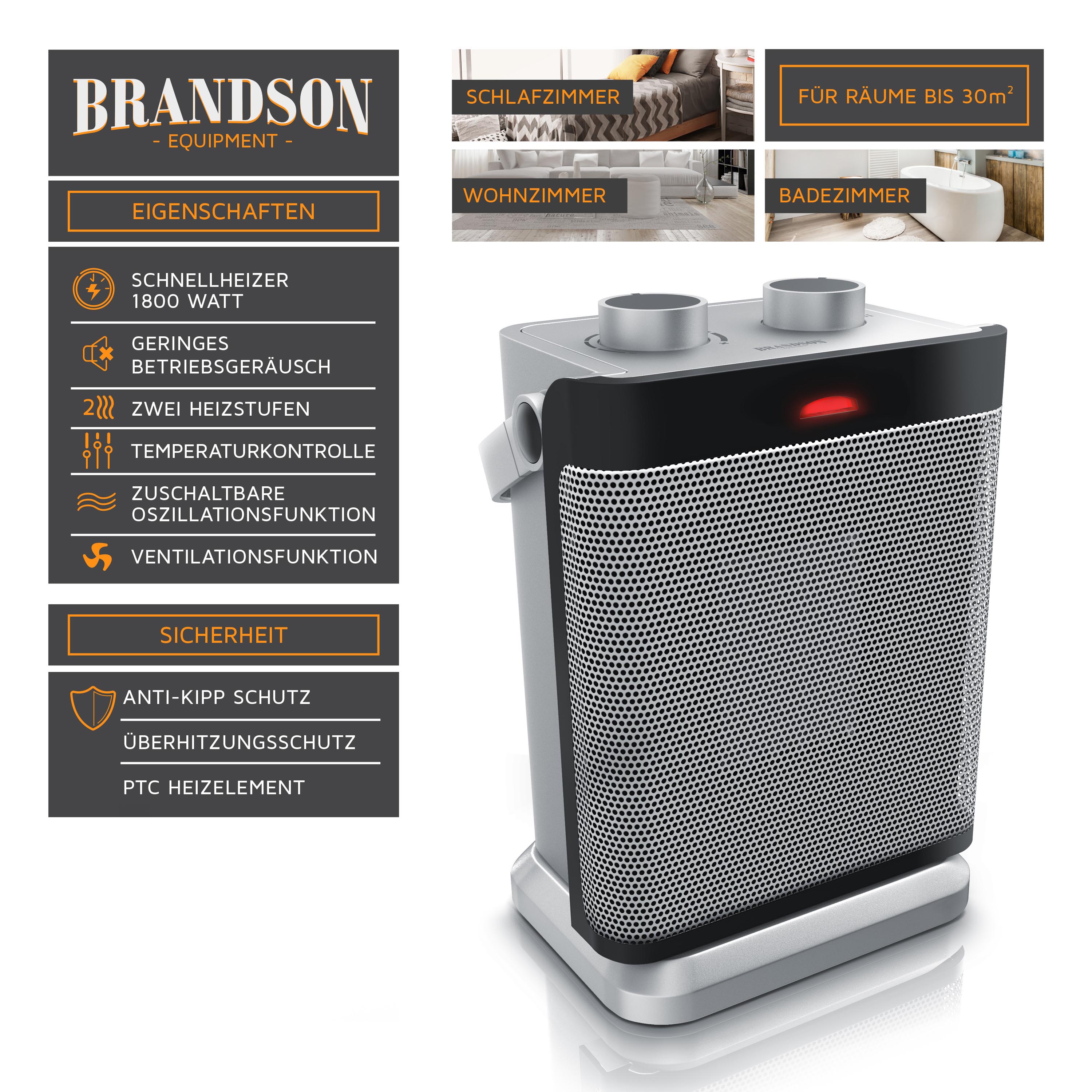 Brandson Heizlüfter, Keramikheizlüfter 1800W, 2 Leistungsstufen, Thermostat, Oszillation 80°, Überhitzungsschutz, Automatische Abschaltung
