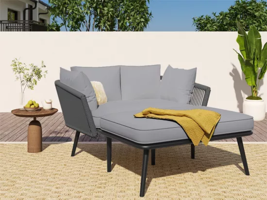 Bain de soleil，canapé de jardin - en acier galvanisé et corde tressé - 2 places - Gris