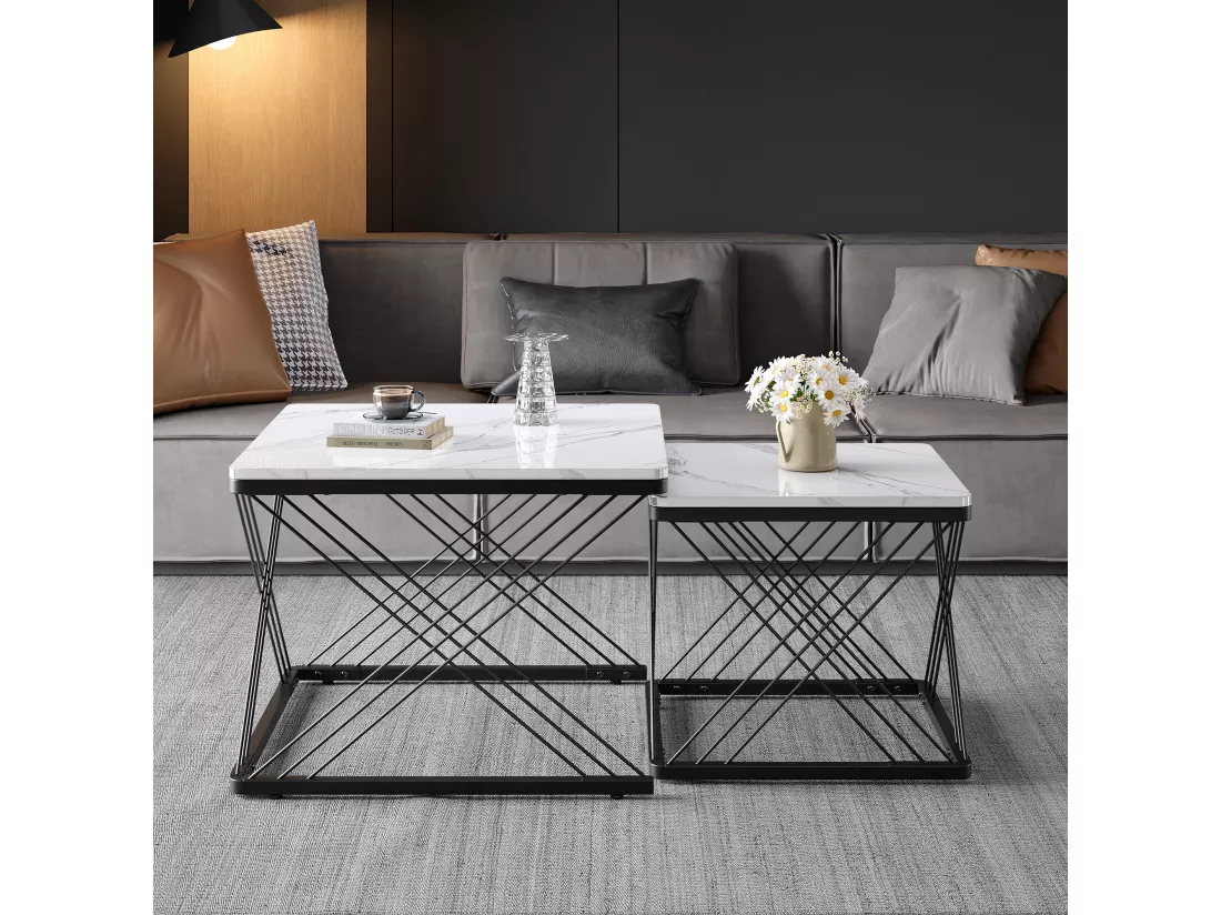 Ensemble de 2 tables basses gigognes élégantes effet marbre brillant AVEDS