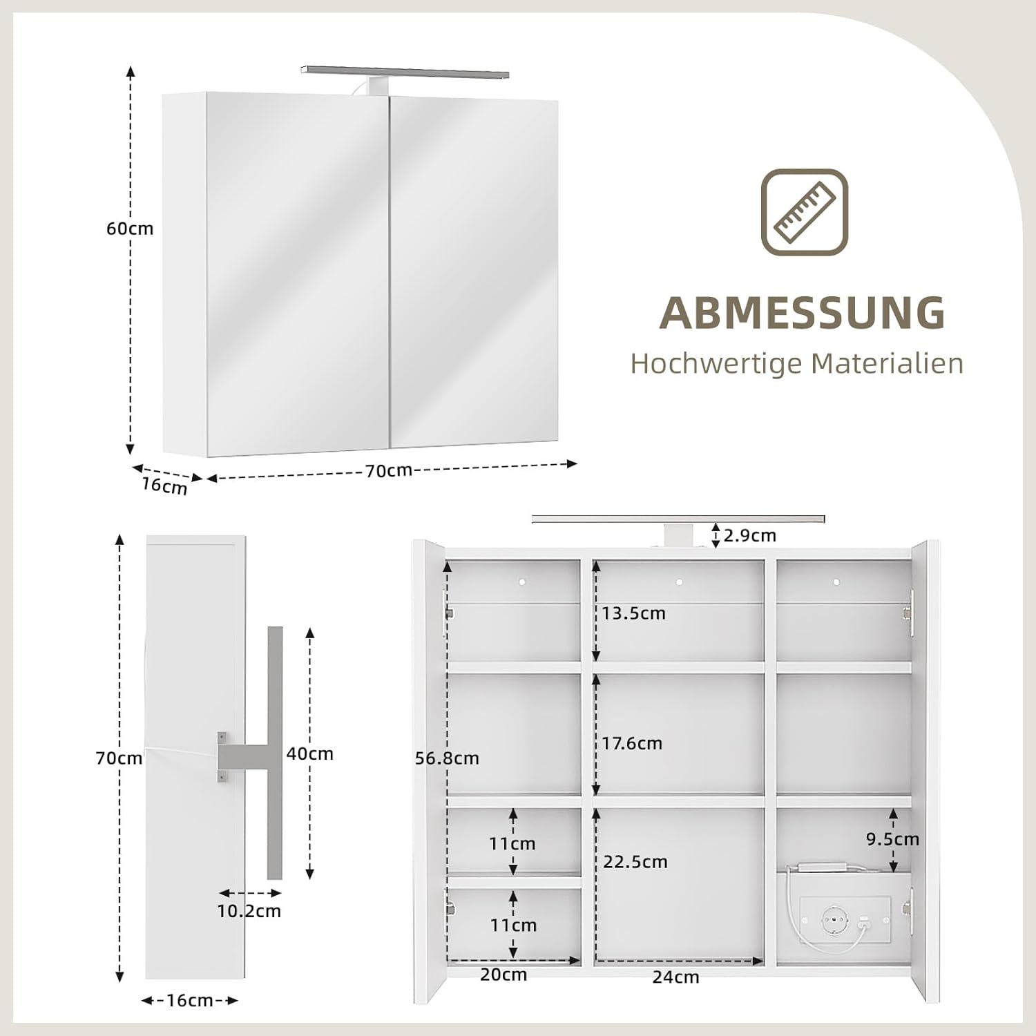 Spiegelschrank für Bad mit Beleuchtung 70x60 cm 2 Türen Badezimmerspiegel mit Steckdose höhenverstellbare Einlegeböden Wandspiegel mit Stauraum Badschrank mit Spiegel für Badezimmer (70x60cm)