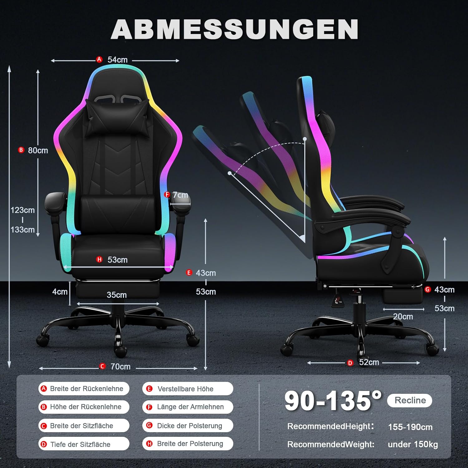 JUMMICO Gaming Stuhl mit led, Cool Racing Gamer Stuhl, Ergonomischer Bürostuhl mit Massagefunktion, Verstellbare Rückenlehne 90-135°, mit Teleskop Fußstütze, Gamingstuhl 150 kg belastbarkeit, Schwarz
