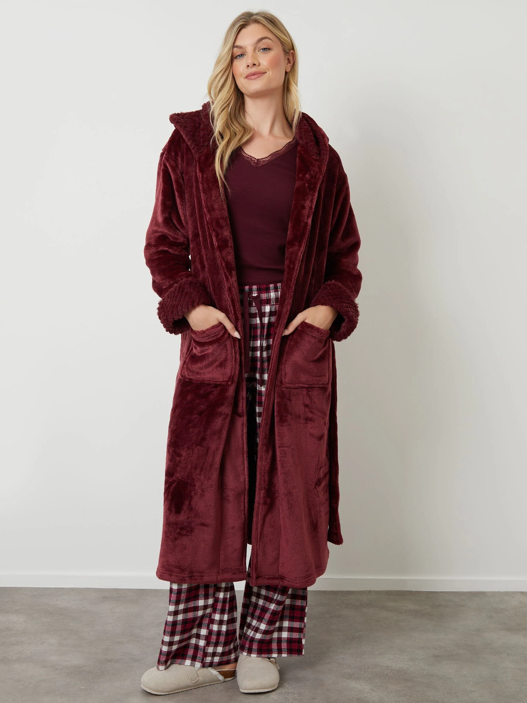 Rood - Threadbare Cosy Faux Fur Trim Dressing Gown