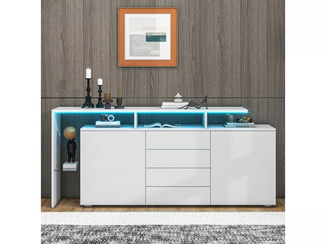 Buffet 2 portes 4 tiroirs et 1 étagère de verre, Meuble TV 160cm, avec LED, Panneau de particule, Blanc, 160x35x70cm