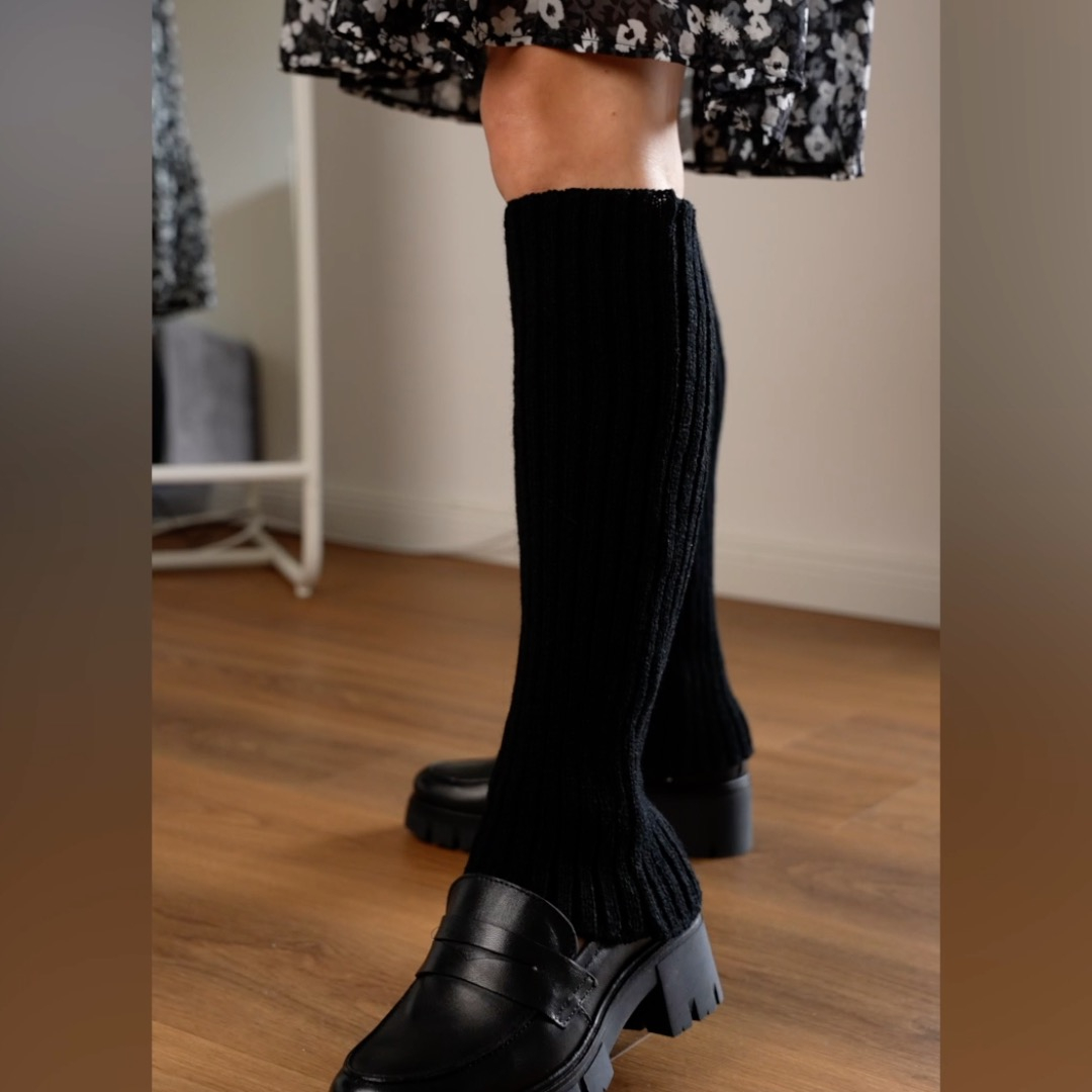 (1 Paar) 40cm Damen Beinstulpen Strick Accessoire Beinwärmer Stricksocken (One Size) - Schwarz
