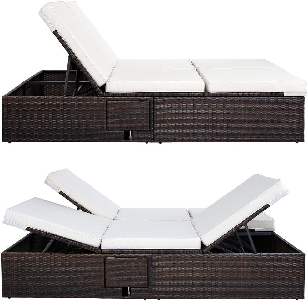 Casaria® Sonnenliege 2 Personen mit Klapptisch 7cm Auflagen Wetterfest Gartenliege 400kg Belastbar Liegestuhl Verstellbar Braun Creme 196x116cm