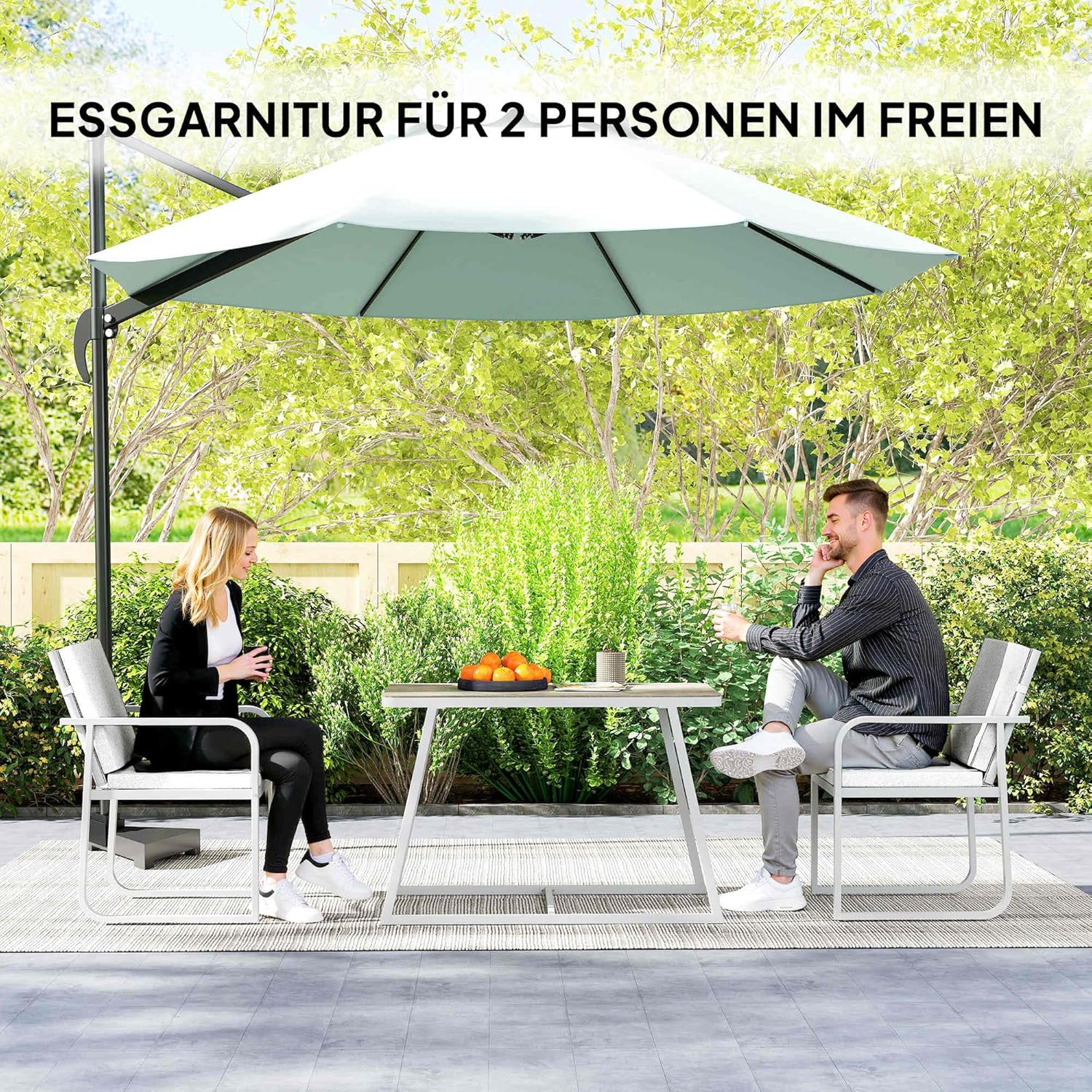 Outsunny Sitzgruppe 3-teilig Essgruppe Glastisch für 2 Personen mit 2 Stühlen Sitzkissen Küchentisch-Set mit Esstisch Esszimmergruppe Gartenmöbel Balkonmöbel für Esszimmer, Terrasse Balkon Hellgrau