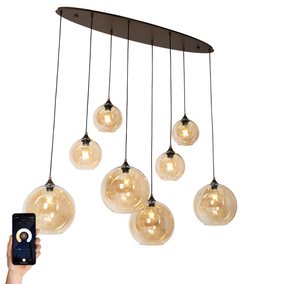 Smart hanglamp donkerbrons met amber glas ovaal 8-lichts incl. 8 Wifi G95 - Sandra