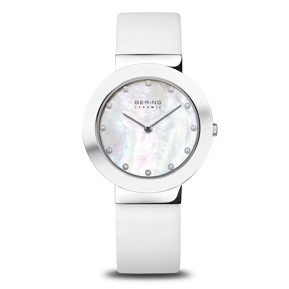 Montre femme Bering lunette céramique cuir blanc