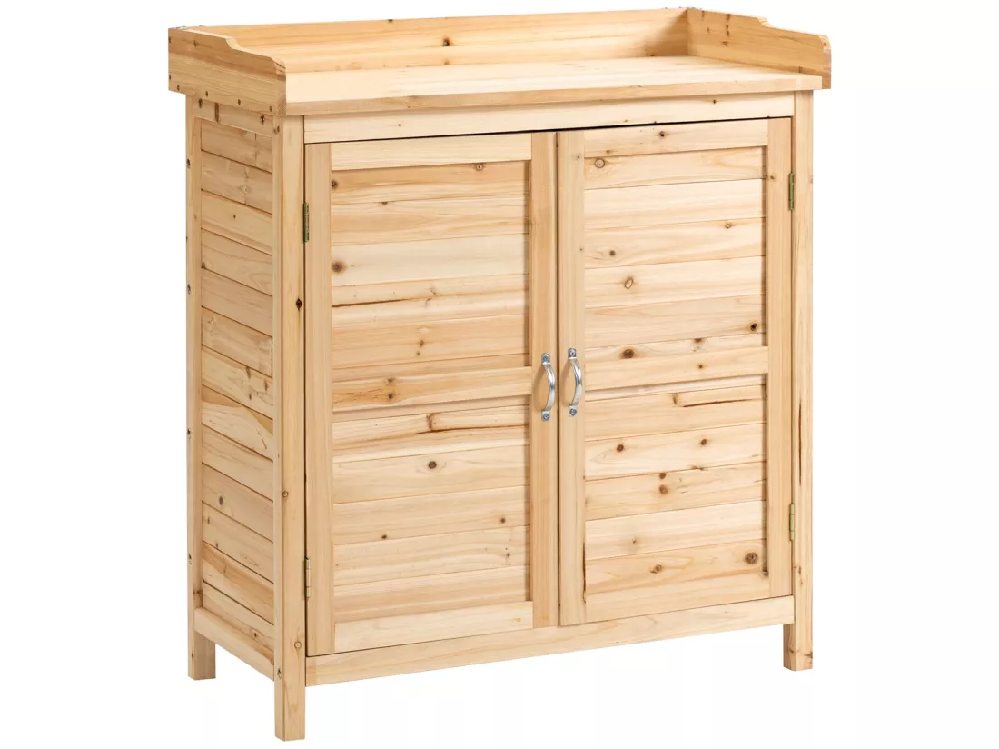 Armoire de jardin sur pied avec plateau - double porte, étagère - bois de sapin pré-huilé
