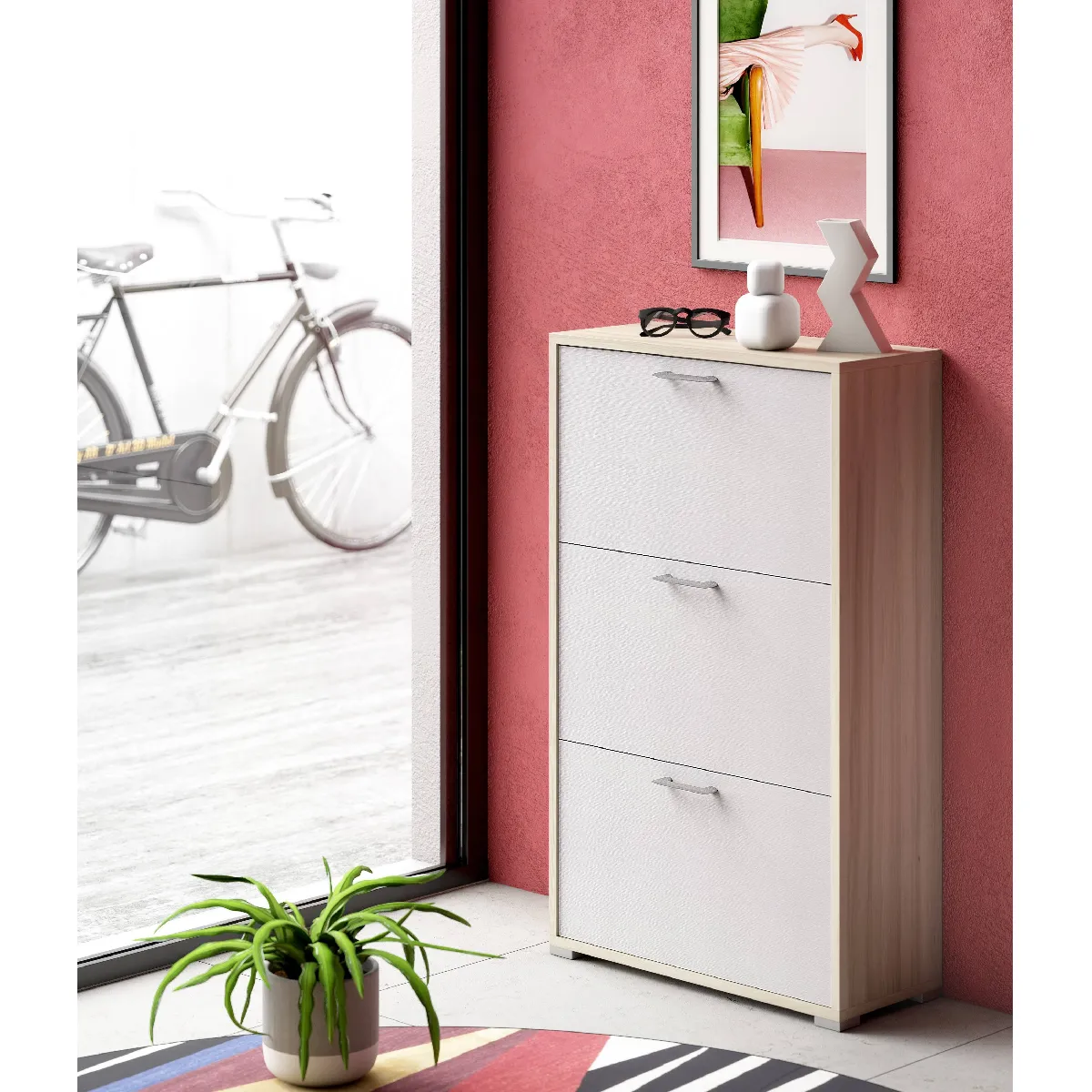 Alter Meuble à Chaussures 3 Portes - Blanc et Orme