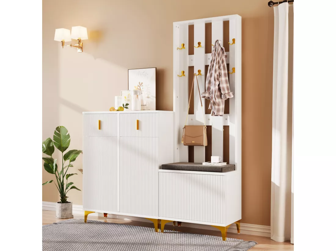Ensemble vestiaire - avec crochets、banc à chaussures et un casier - Blanc