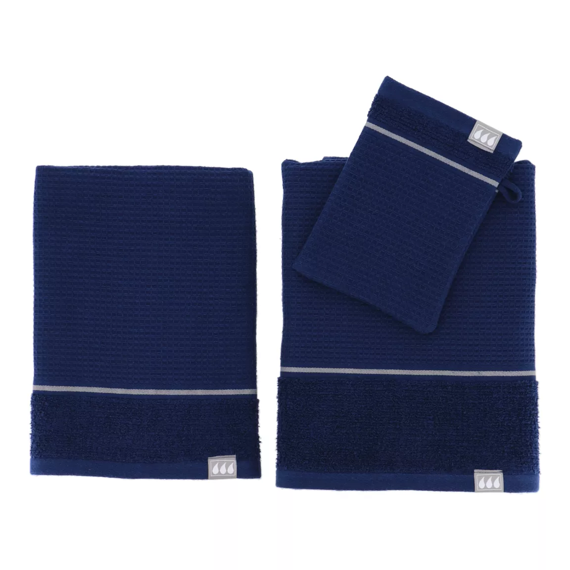 Lot de serviettes de bain 50x90 cm + 70x130 cm + 1 gant de toilette Japandi Bleu marine et argent