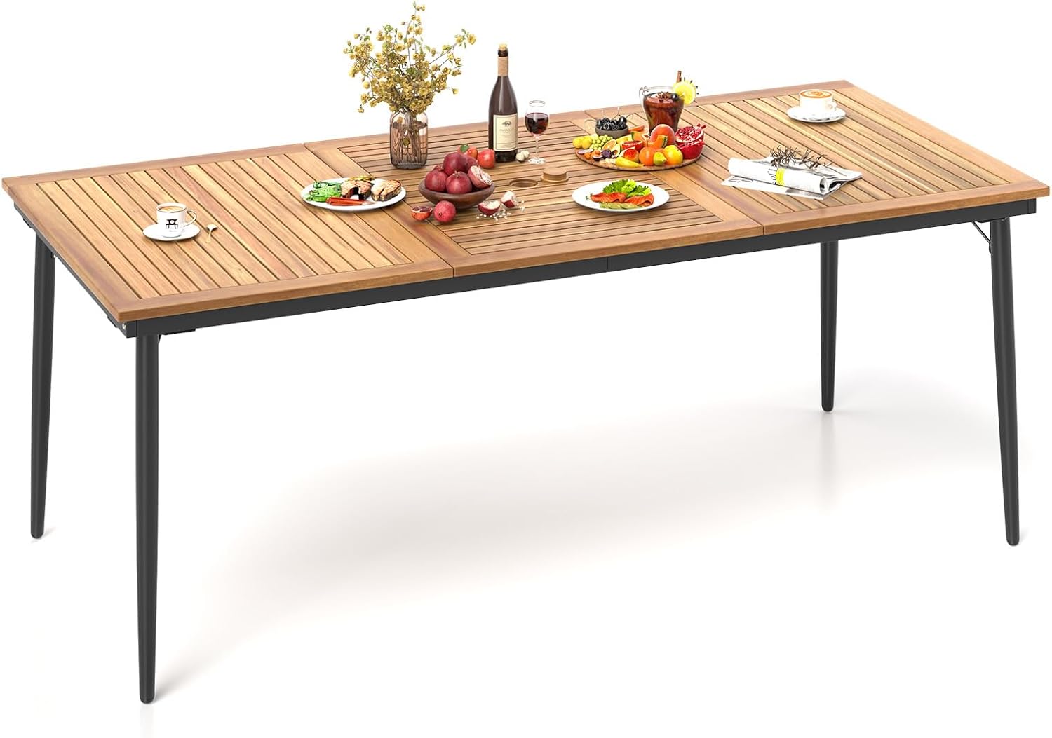 GOPLUS Gartentisch aus Akazienholz, 200×90cm Terrassentisch wetterfest mit 5cm Schirmloch, Esstisch rechteckig für 8 Personen, für Outdoor Garten Terrasse Hof (Modell C)