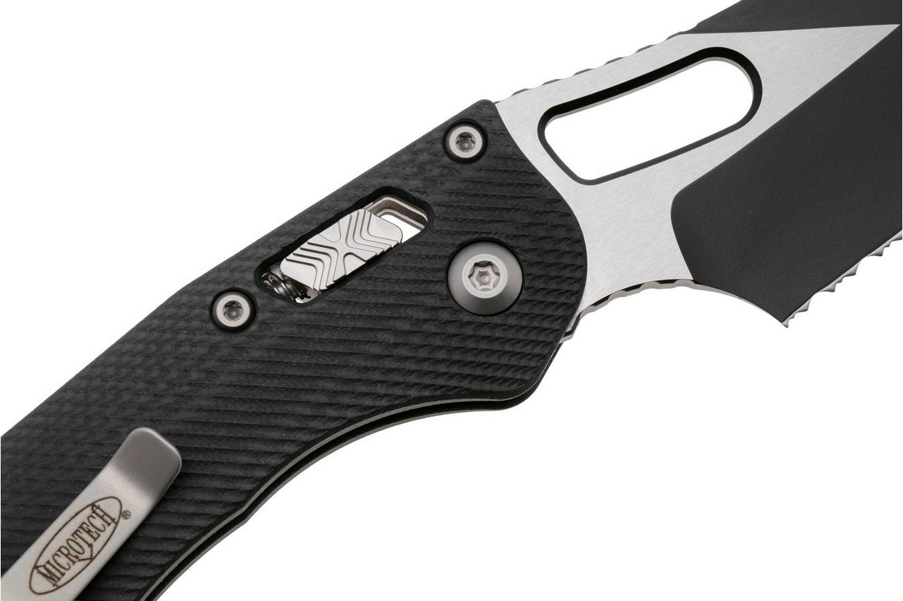 Microtech Stitch 169RL-2FLGTBK, Two Tone M390MK, Fluted Black G10 partial serrated zakmes, Borka Blades design
