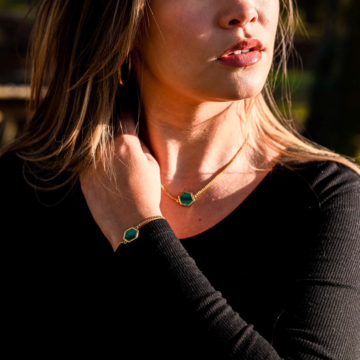 Collier et bracelet Hexalia en pierres Malachite