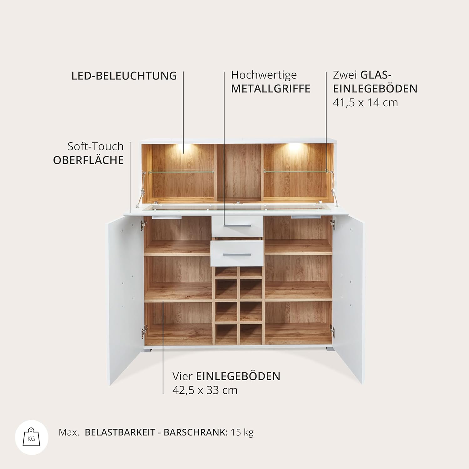 10A1WW22 Fun Plus Weiß/Eiche Altholz Nb. Barschrank Bar Kommode Theke Sideboard Getränke ca. 120 x 129 x 37 cm