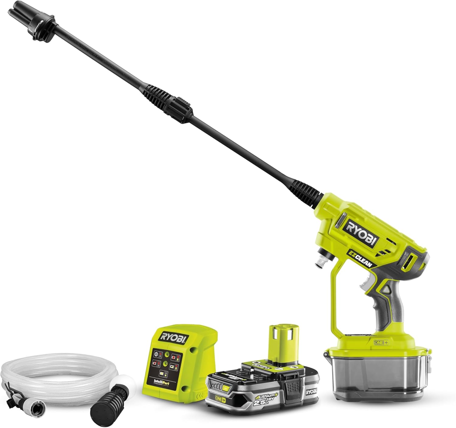 RYOBI 18 V ONE+ Akku-Mitteldruckreiniger RY18PW22A-125 (Reinigen von Fahrzeugen/Oberflächen, max. Druck 22bar, Fördermenge 182 l/h, 3-in-1 Düse, inkl. 6m Schlauch, 1x2,5Ah Akku & Ladegerät, im Karton)