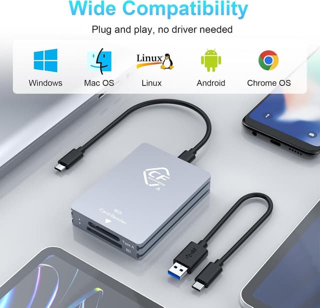 NÖRDIC Dual-Slot CFexpress Type A og SD-kortlæser, USB 3.2 Gen 2 10Gbps Windows/Mac/Linux/Android