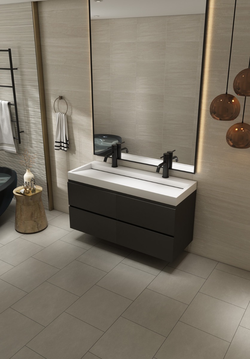 Fontana Elena badkamermeubel 120cm zwart met solid surface wastafel 2 kraangaten