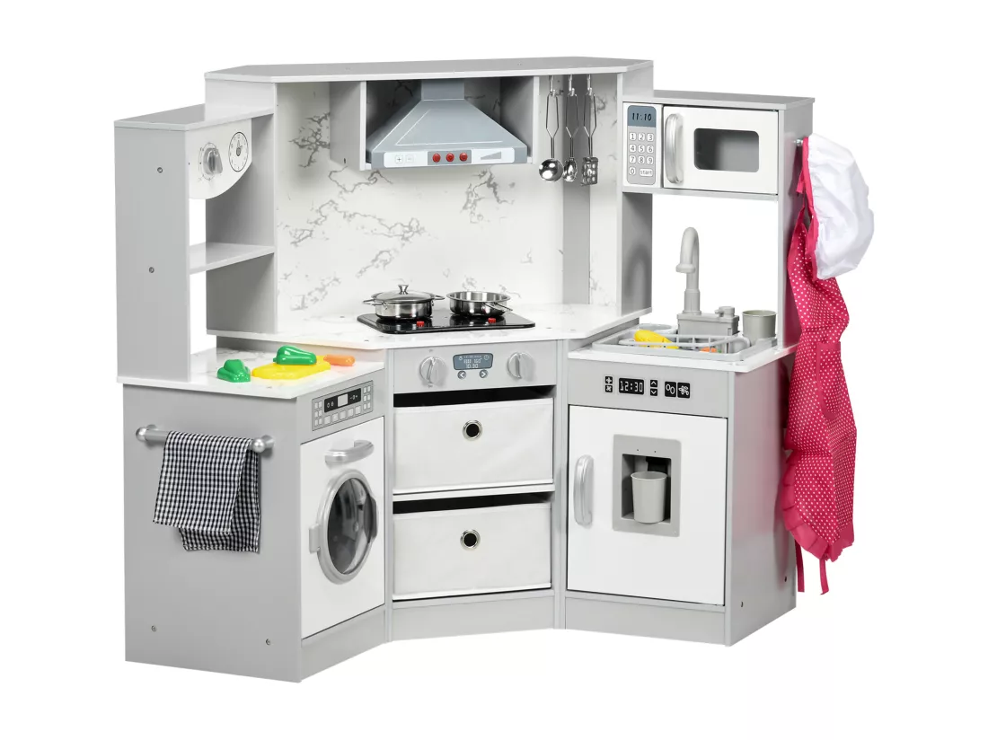 Cuisine pour enfant jeu d'imitation nombreux accessoires rangements évier réfrigérateur hotte lave-linge gris blanc