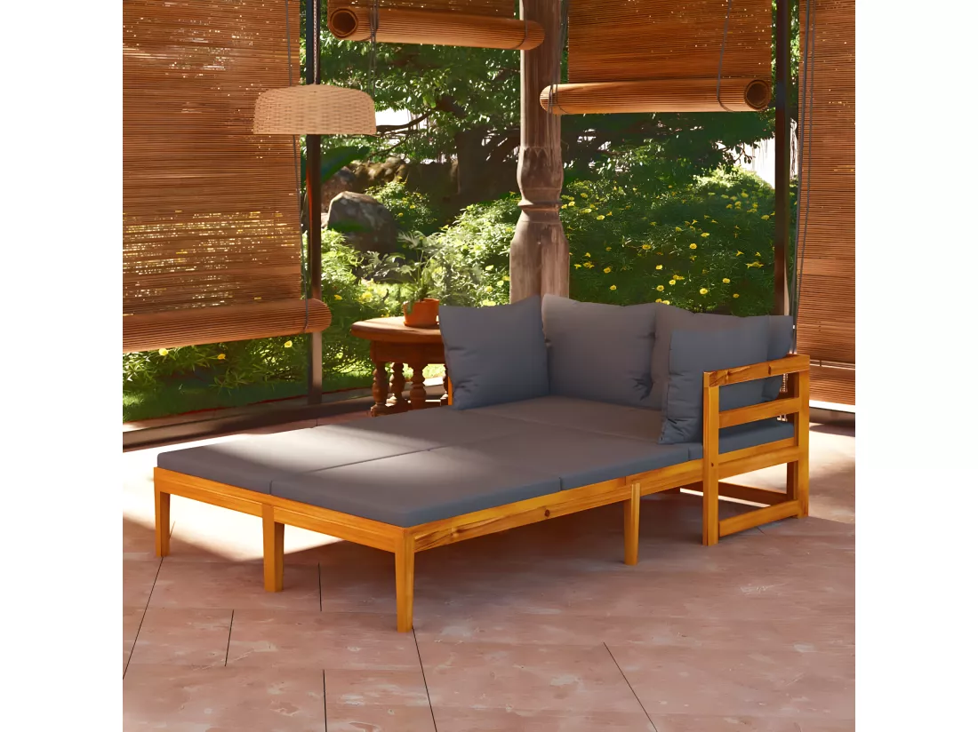 Chaises longues avec coussins gris foncé 2 pièces Acacia solide