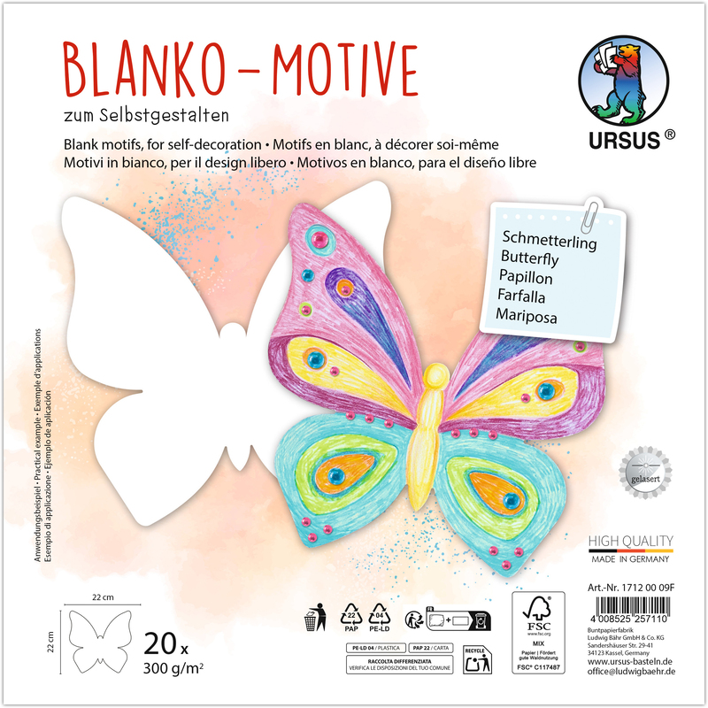 Ursus Bastelpapier, Blanko-Motive, Schmetterling, 23 x 23 cm, weiss, 20 Blatt