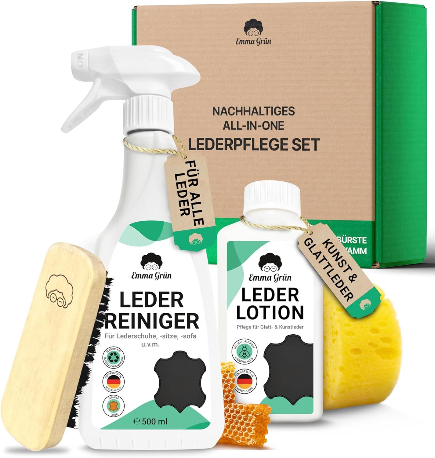 Emma Grün® Leder Komplettset mit Lederreiniger & Lotion inkl. wiederverwendbarem Schwamm & Bürste