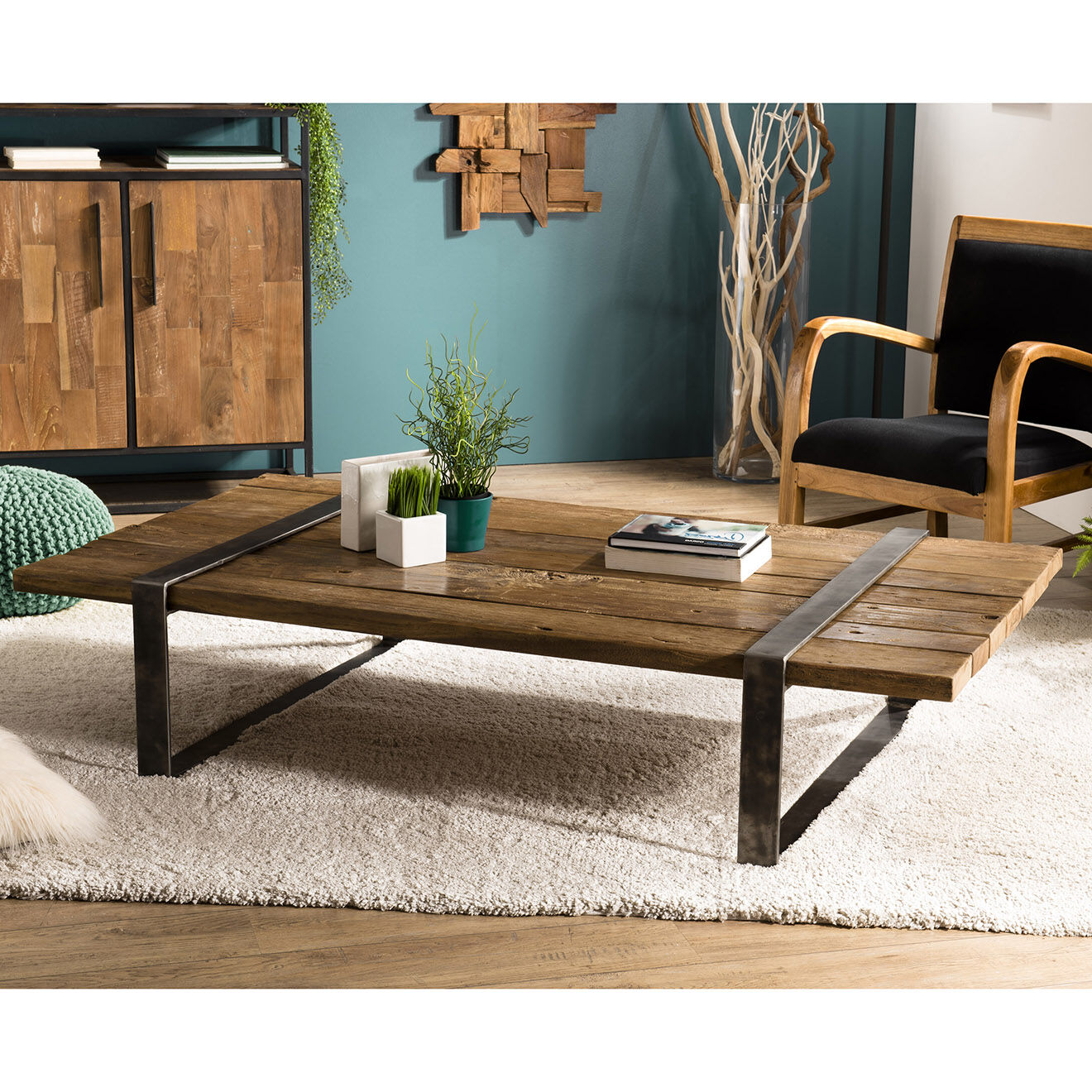 Macabane Table basse en bois massif cerclée métal Mathis naturelle - 161x90x35 cm