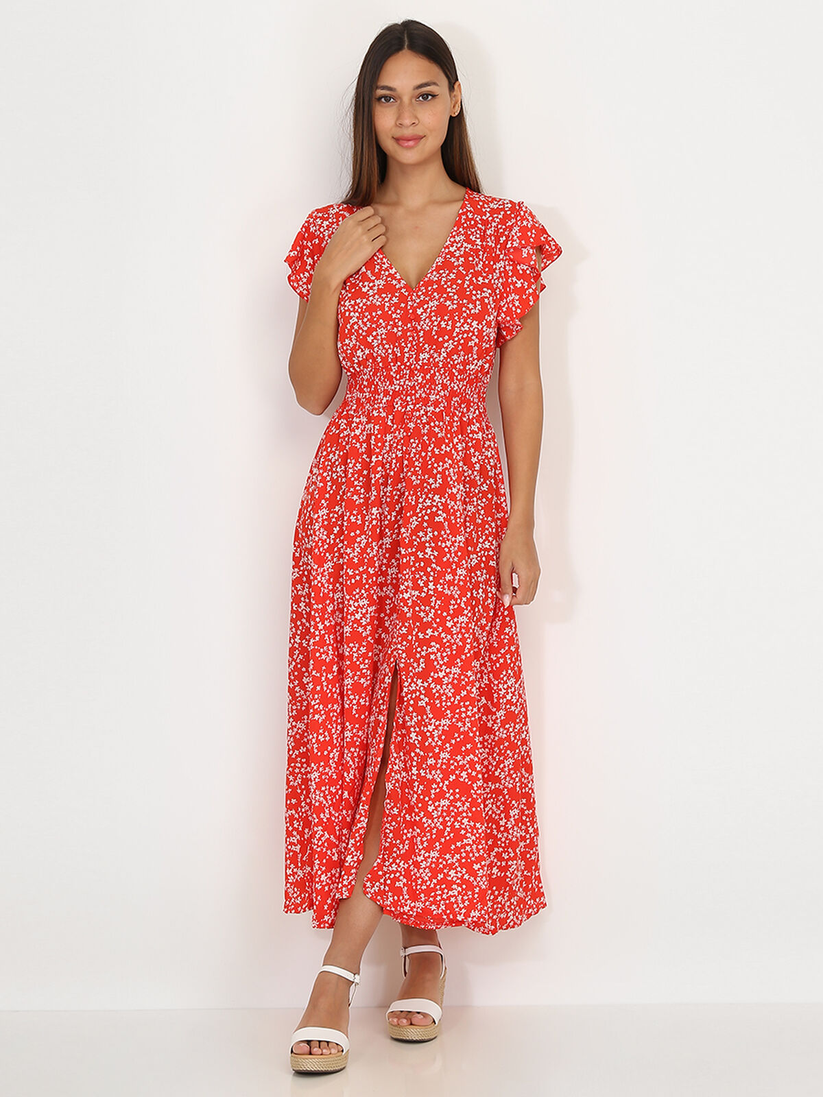 Robe évasée smockée à fleurs- Rouge
