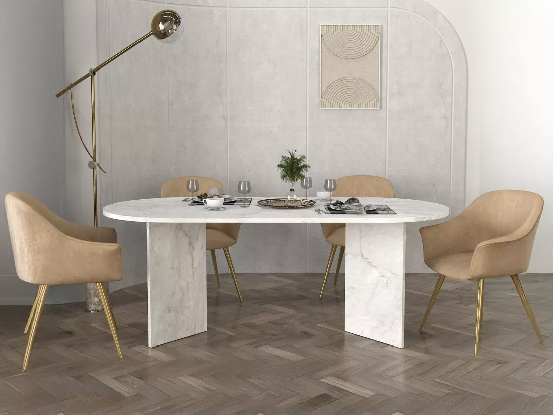 Table à manger 8 personnes - Effet marbre blanc - TOPANIA