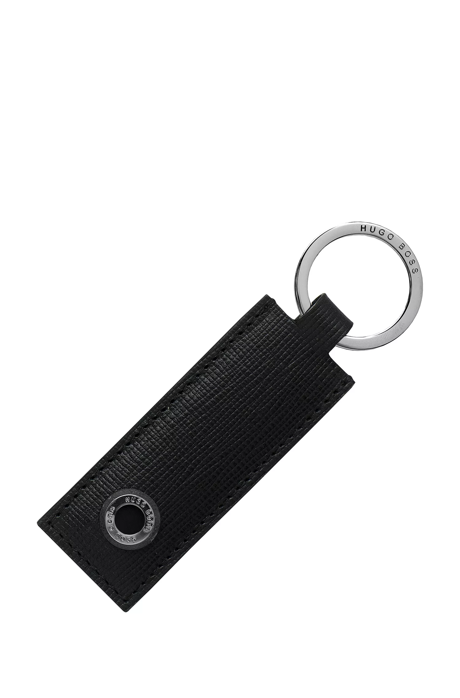 Chaveiro BOSS em couro texturizado preto com detalhes da marca.