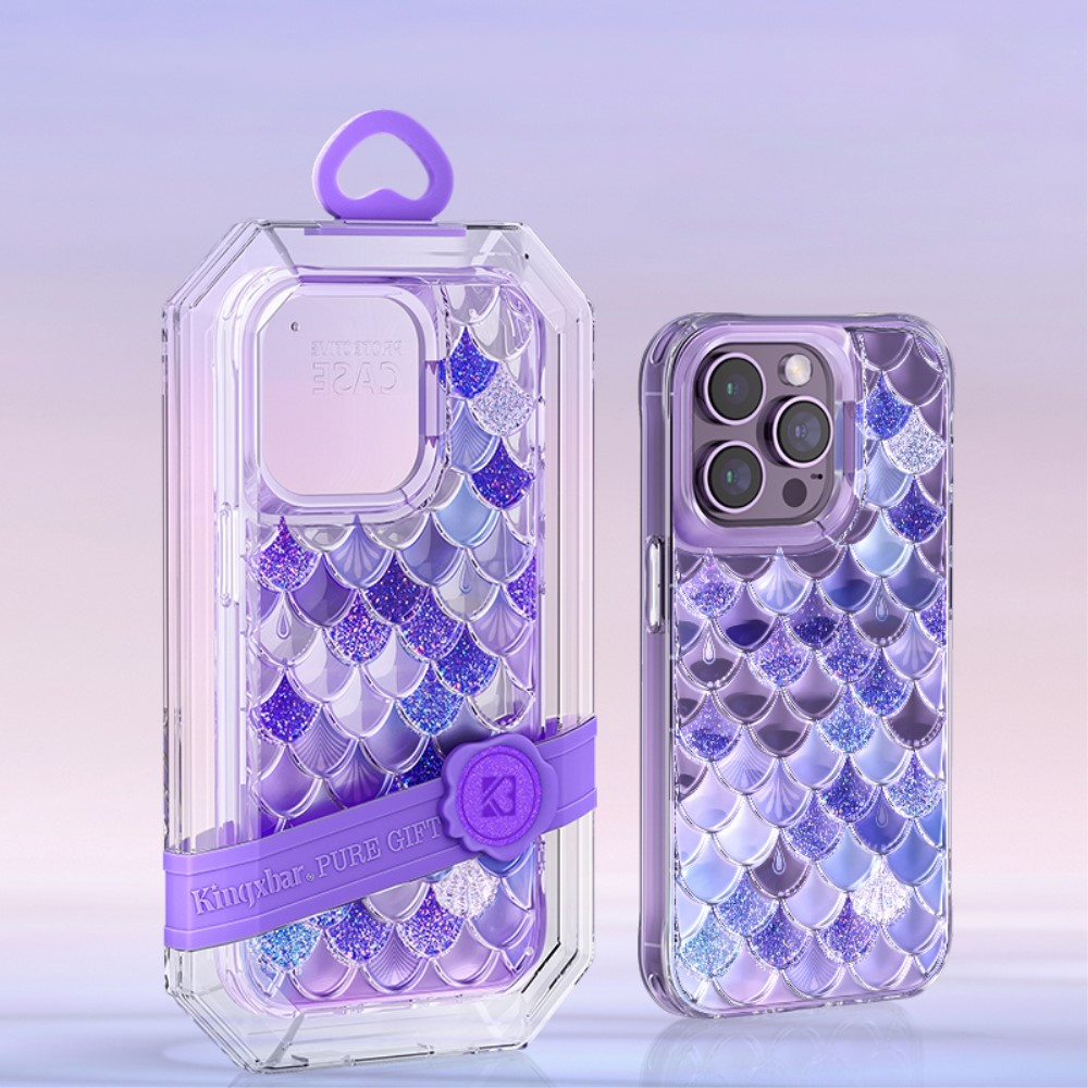 iPhone 14 Pro 3D Gummi Case Schutzhülle im Glitzer Meerjungfrau Mermaid Design - Lila / Transparent