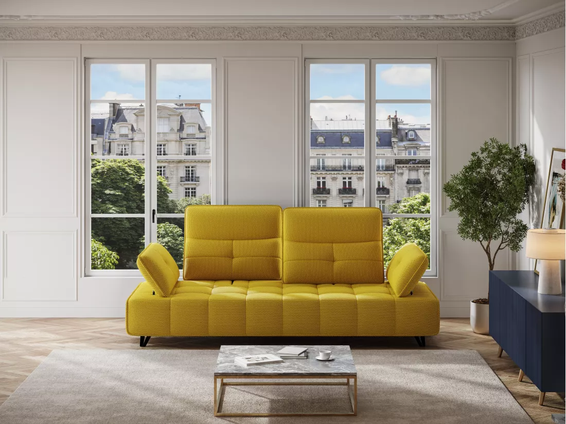 Canapé 3 places en tissu 3D jaune avec dossier avance-recule MERCOTA