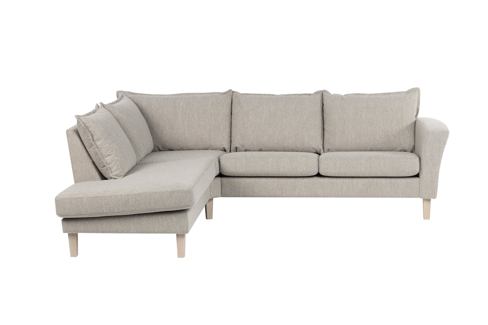 Slogen hjørnesofa Oppsett AV. 2,5-seter med åpen ende venstre. Tekstil Dragon Sand med soft ryggpute. Vange A og hvitpigmentert ben 178.
