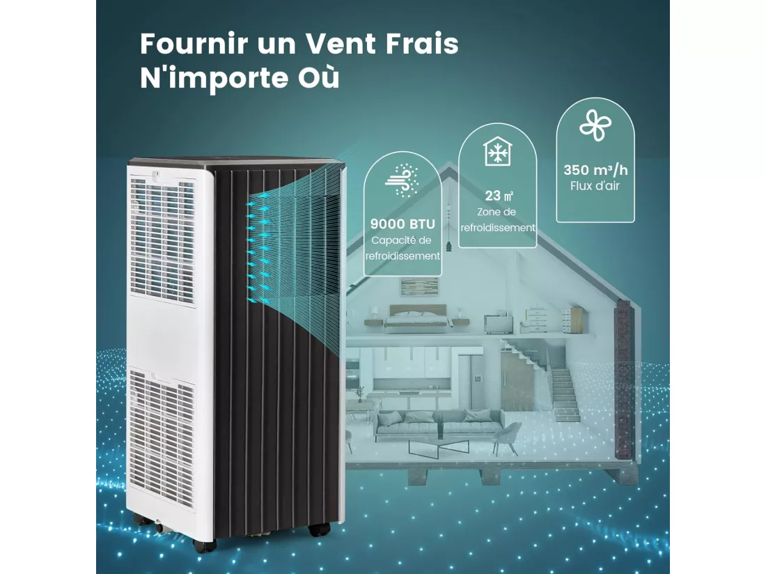 Climatiseur Mobile Silencieux 9000BTU 4 en 1 [Classe énergétique A] Contrôle APP avec Refroidisseur Ventilateur Déshumidificateur Mode Veille Minuterie 24H