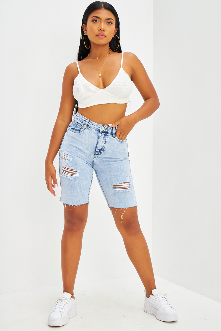 Short en jean effet déchiré bleu clair