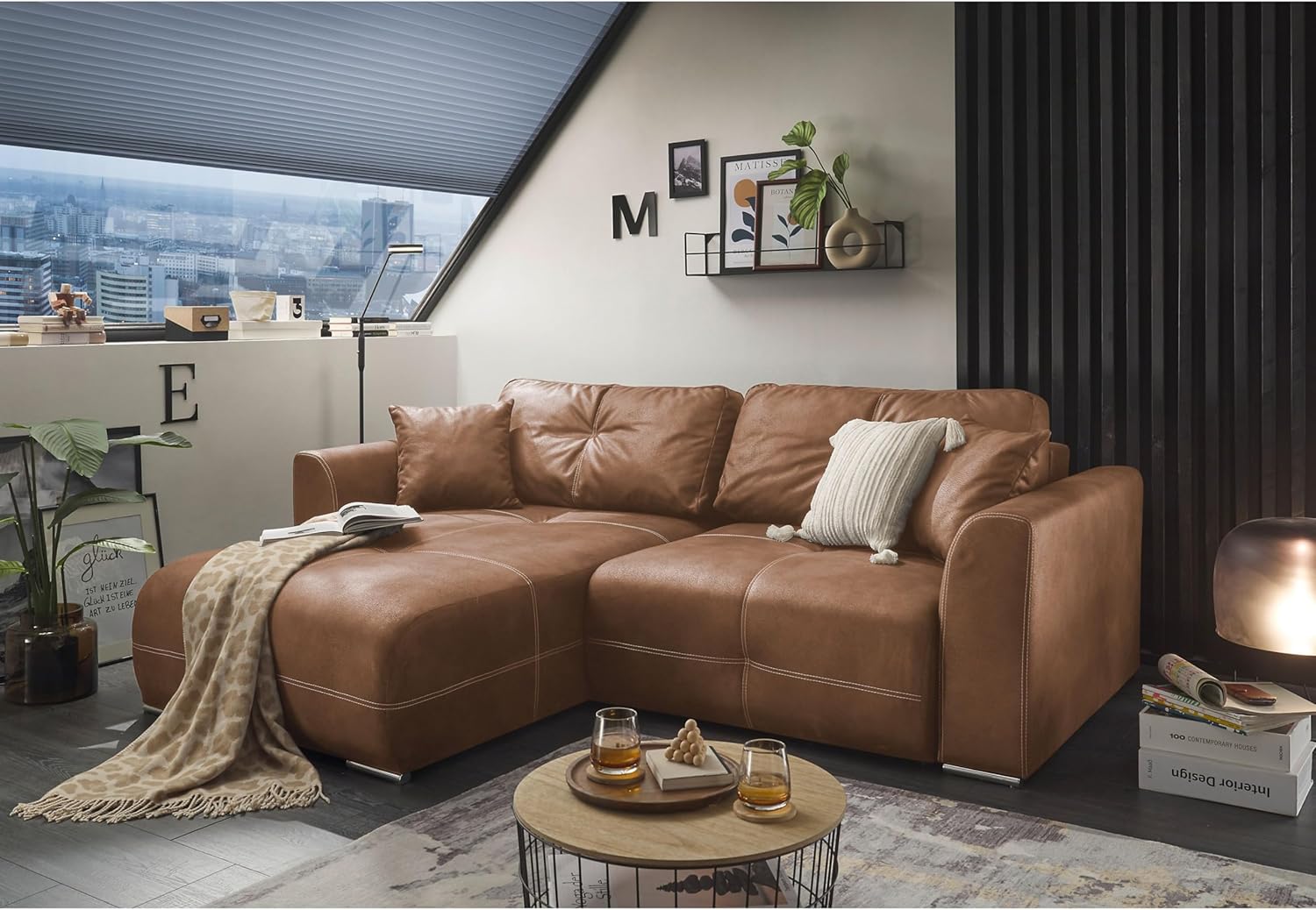 DOLAN Ecksofa mit Schlaffunktion in Lederoptik, Hellbraun - Moderne Eckcouch in L-Form mit Bettkasten - 247 x 90 (70) x 190 cm (B/H/T)
