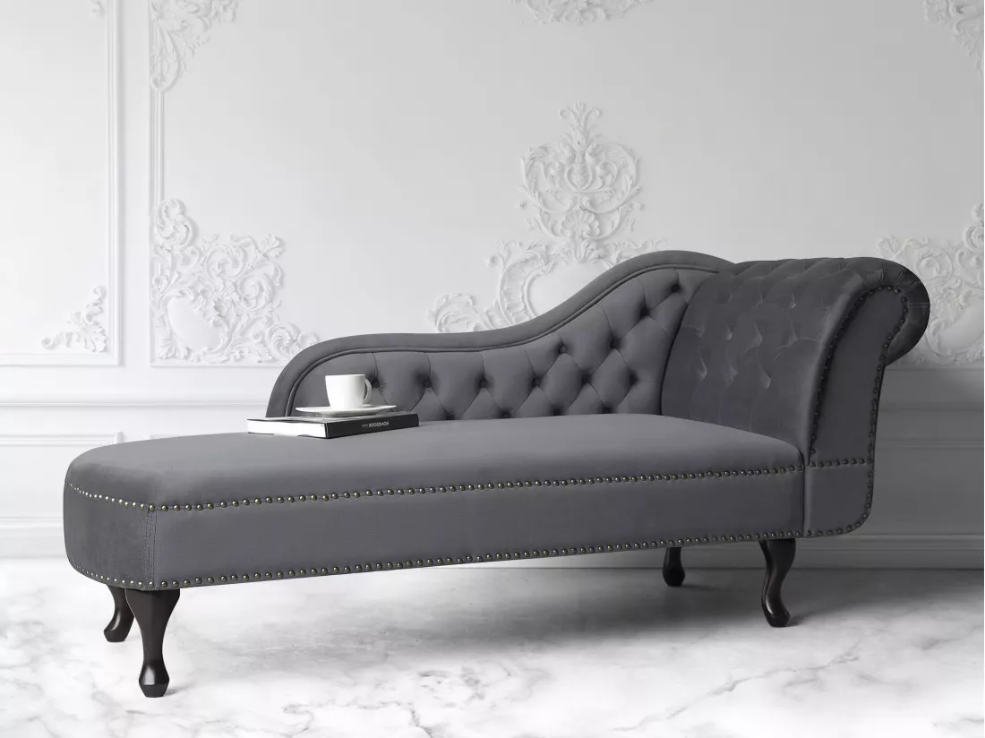 Méridienne Chesterfield côté droit en velours gris NIMES