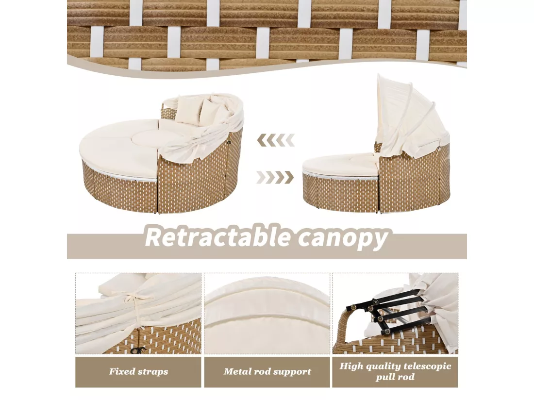 Salon de jardin en rotin tressée beige - cadres en fer - avec table basse relevable et 5 oreillers - 170x170x72/142cm