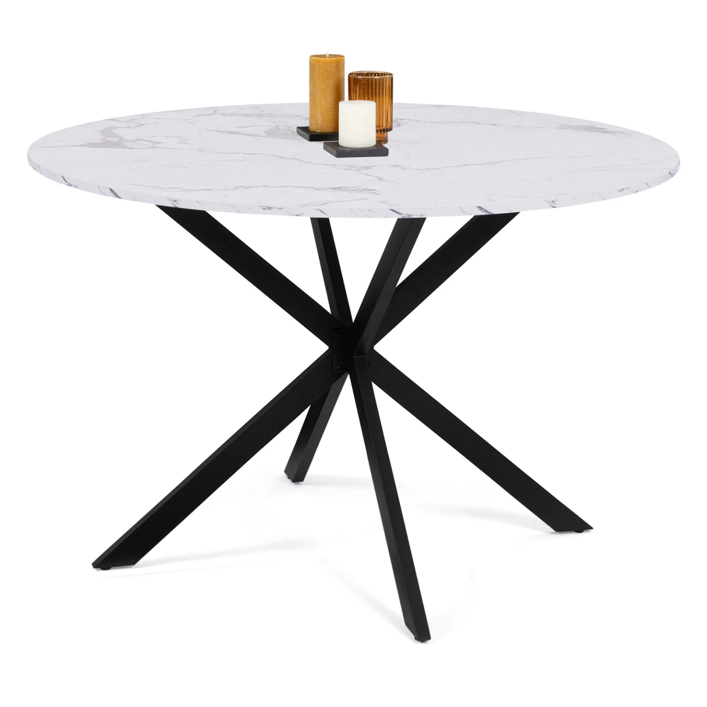 Table à manger ronde ALIX 6 personnes pied araignée noir et plateau effet marbre blanc ALASKA 110 cm