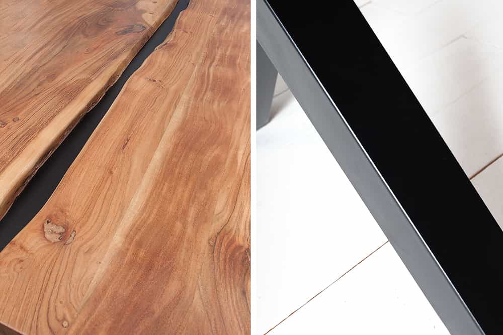 Massivholz Esstisch AMAZONAS 200cm natur Akazie Metall X-Gestell schwarz Baumkante