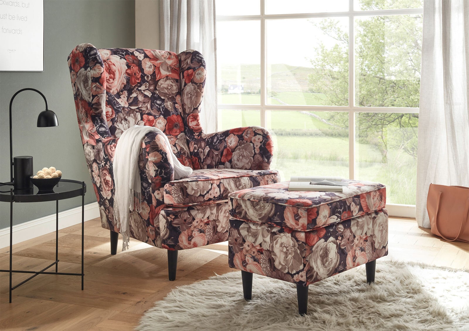 Hocker CHARLEEN Blumenmuster braun /rot