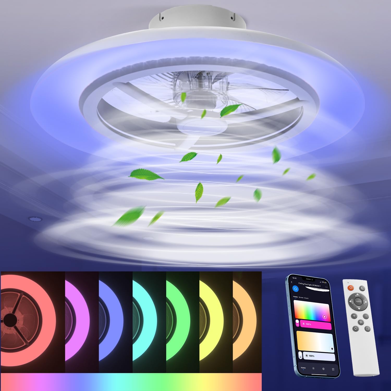 55cm Smart LED Deckenleuchte mit Ventilator, Deckenventilatorleuchten ohne Lampenschirm, Windgeschwindigkeiten einstellbar, dimmbares Licht, moderne Ventilatorbeleuchtung, 3000-5500K