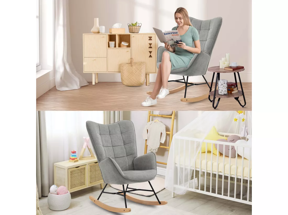 MEUBLES COSY Fauteuil à Bascule Allaitement Scandinave Chaise Loisir et Repos en Tissu avec Pieds en E' Bois Métal pour Salon, Chambre, Massif, Gris, 66x84x97cm