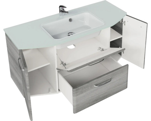 Pelipal Quickset 328 badkamermeubelset (B x H x D 175 x 200 x 39 cm), grafiet getextureerde fronten (horizontaal patroon), met witte glazen wastafel, hoge kast, onderkast en bovenkast (328.120009)