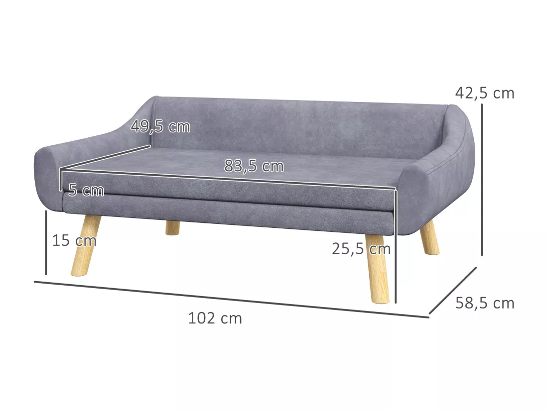 Canapé chien lit pour chien design scandinave - coussin moelleux déhoussable, pieds bois - velours gris