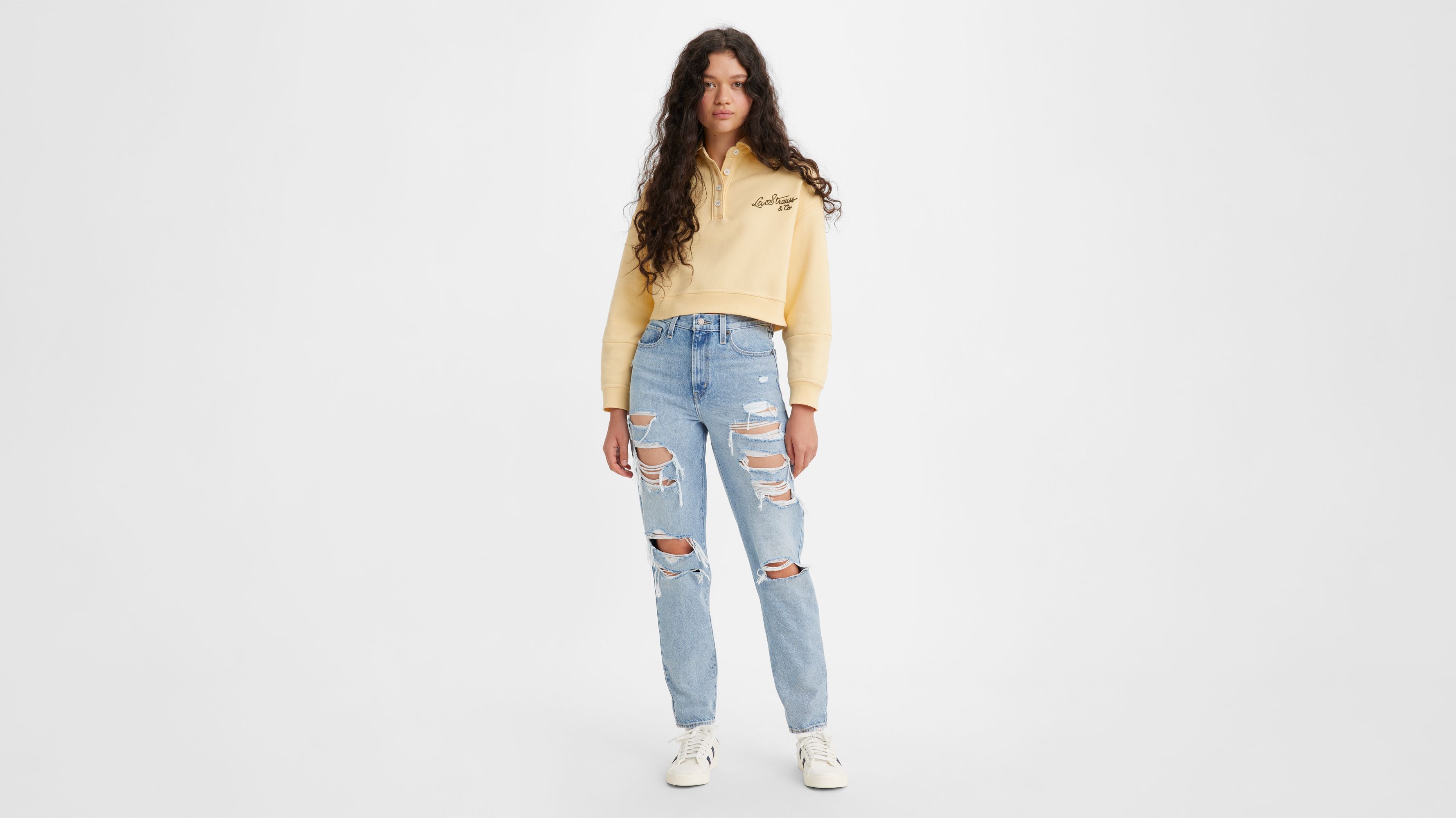 Jean Mom taille haute - Light Indigo Destructed - Bleu