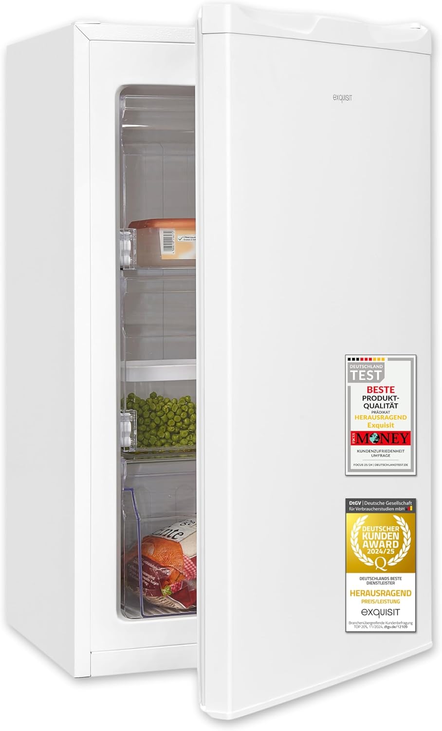 Exquisit Gefrierschrank | 63 l Nutzinhalt, Energieeffizienzklasse E, 39 dB(A) | kompakte Bauform, 4-Sterne-Gefrieren, manuelle Temperaturregelung, wechselbarer Türanschlag | GS5111-330E weiss